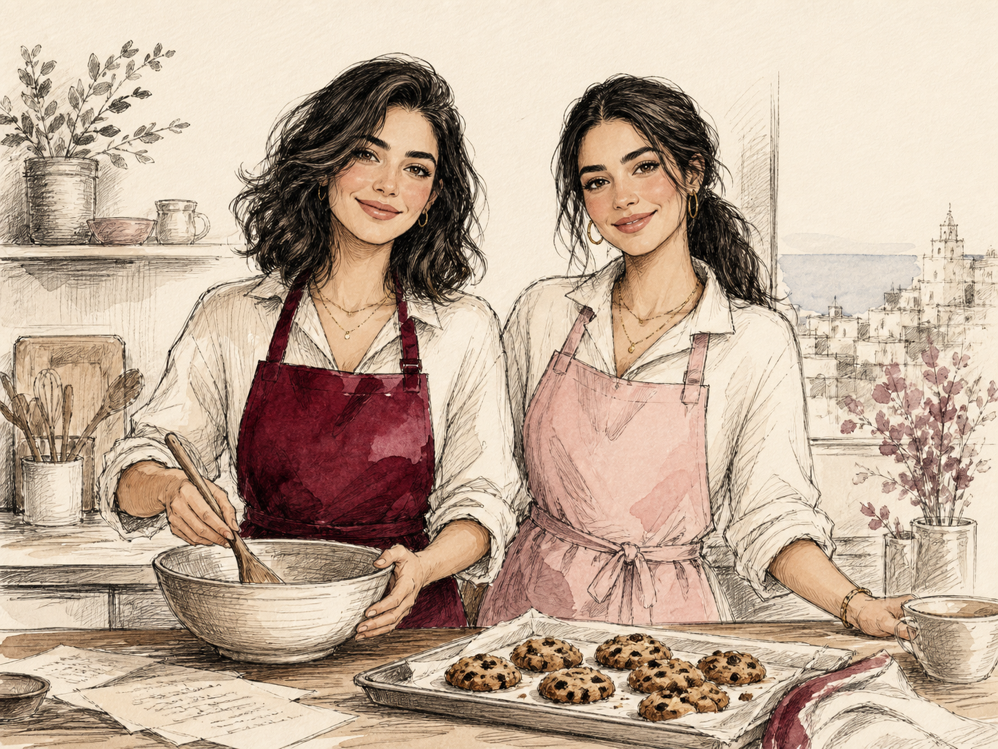Hand-drawn portrait of CooX founders Carla and Chloe baking together in Beirut