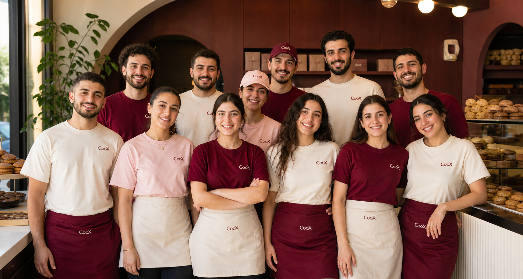 The CooX Lebanon team wearing burgundy, blush and cream CooX merchandise
